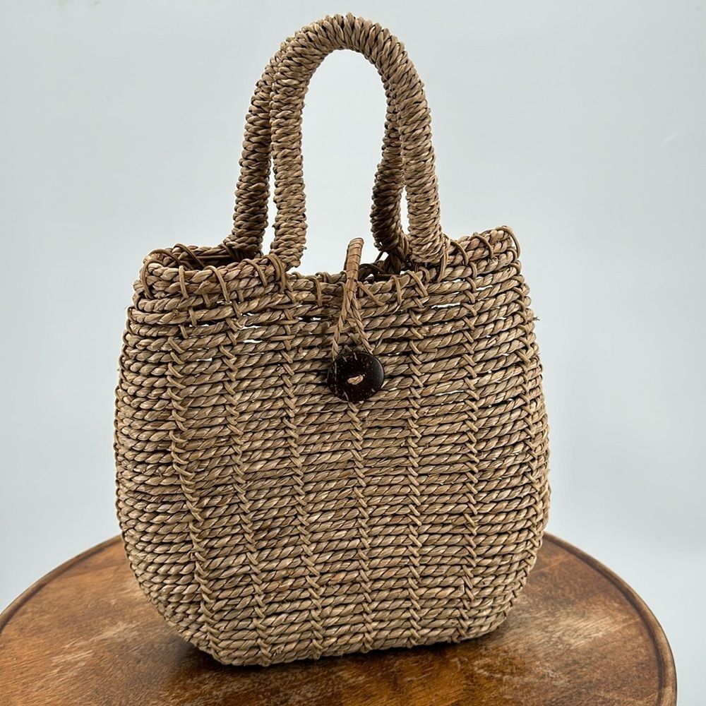 Twisted Jute Handbag Purse Wicker Boho Coconut Shell Button Closure Boho Natural